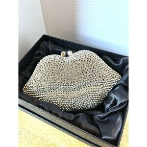 Lip Clutch Evening Shoulder Bag A/B Crystals Gold Satin Lining Extra Crystals